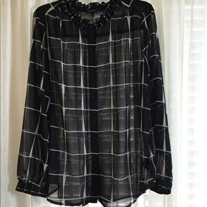 WHO WHAT WEAR Women's Windowpane Sheer Blouse- LG